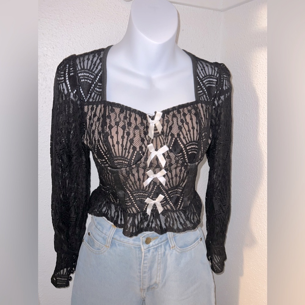Black lace, white bow top